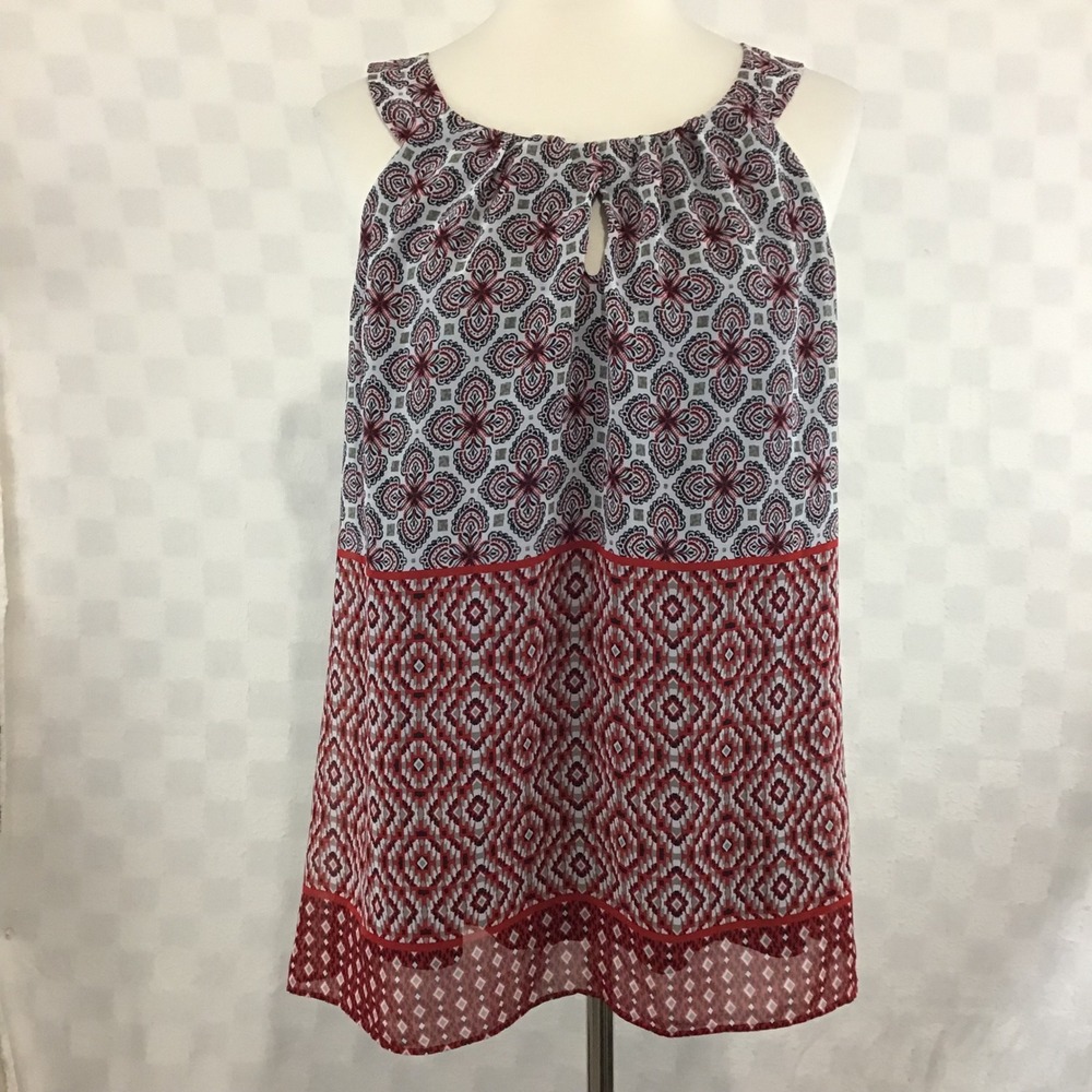 AB Studio‎ Womens XL Red Black Geometric Medallion Halter Keyhole Blouse